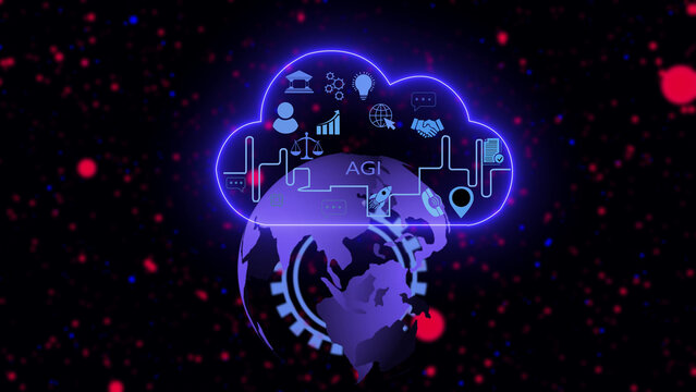 Digital cloud computing concept featuring a glowing purple globe with a neon cloud outline containing various business and technology and the text agi against a dark background, with light particles