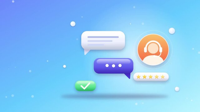 Customer service support chat bubble animation with 3d icons and rating stars floating on blue motion background