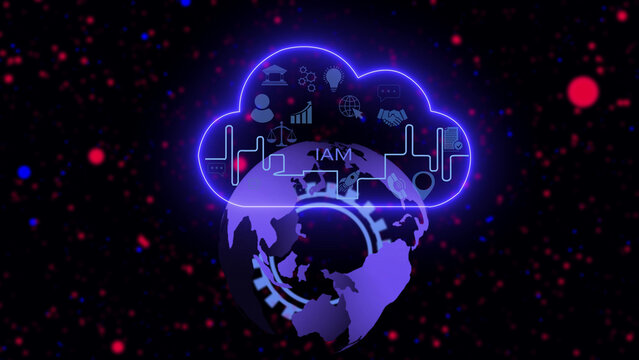 Digital cloud computing concept featuring a glowing purple globe with a neon cloud outline containing various business and technology and the text iam against a dark background, with light particles