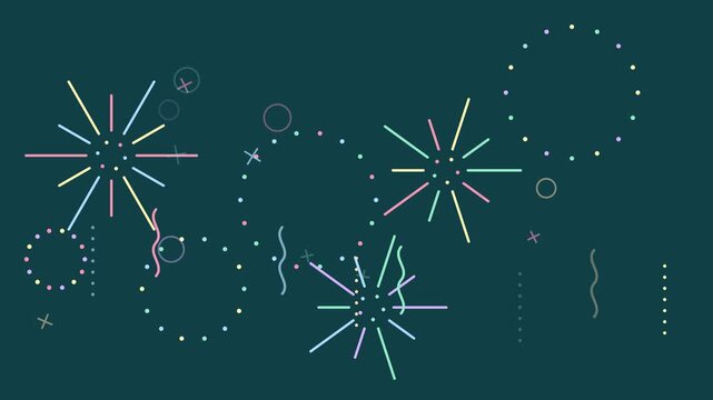 Colorful fireworks vector animation with glowing festive shapes exploding across dark background video clip