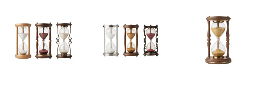 Vintage hourglass timers isolated on white background, set of classical sand clocks and countdown instruments, antique time management and measurement decorative objects graphic design element cutout 