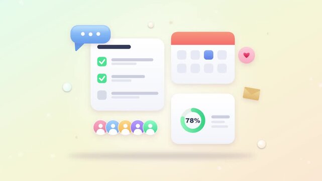 3D render animation of task management interface elements checklist calendar progress chart and user icons