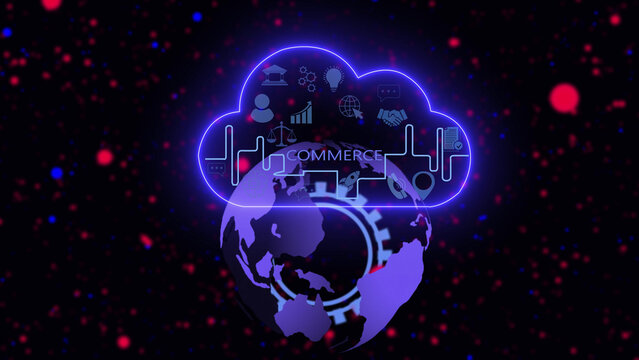 Digital cloud computing concept with a glowing neon outline featuring the word commerce, floating above a stylized purple globe with gear and various business on a dark particle background