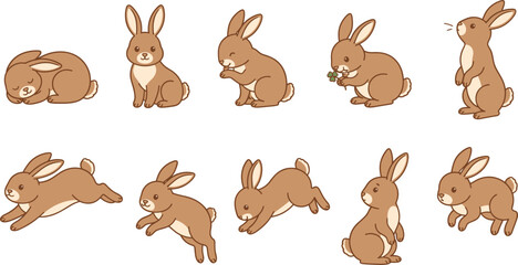 Fototapeta premium Collection Of Ten Cute Brown Cartoon Bunny Rabbits In Various Playful Poses Isolated On White Background