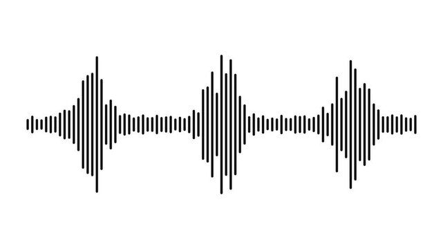 Audio waveform motion graphic featuring rhythmic pulsing black digital frequency bars moving constantly across white video screen