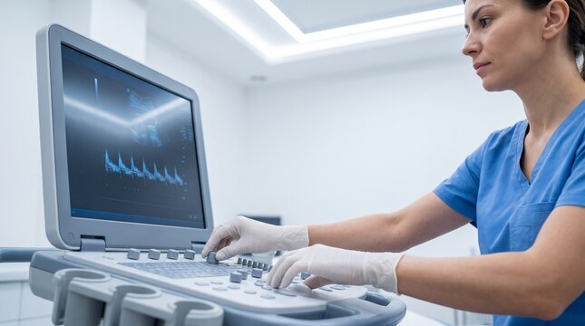 Professional doctor operating modern ultrasound scanner in clinic room