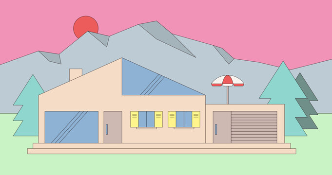 Family house with garage surrounded by pine trees and mountain landscape