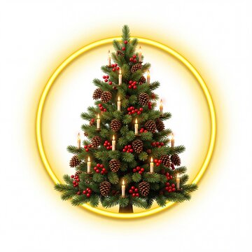 Festive Decorated Christmas Tree with Glowing Golden Ring Frame Isolated on White Background