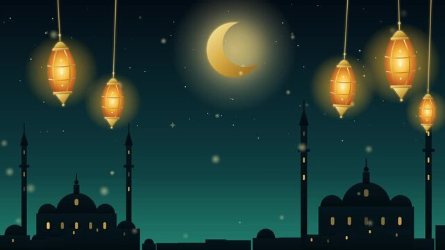 Glowing crescent moon shines over traditional Arabic lanterns and minarets in animated holiday video footage
