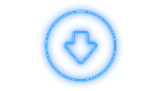 Colorful neon down arrow icon inside a circular button pointing downwards for digital download interface navigation graphics isolated on transparent background