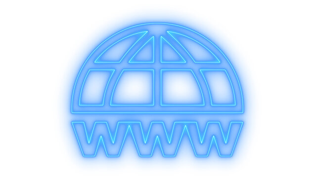 Colorful neon globe grid icon with www text representing world wide web internet browser search connection portal isolated on transparent background vector illustration