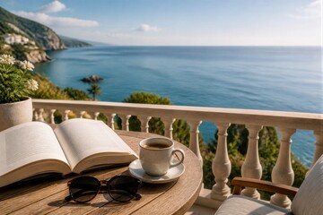Fototapeta premium Open book and coffee on balcony overlooking calm sea
