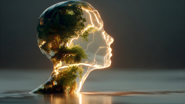Abstract glass profile of a human head containing a miniature green forest illuminated by glowing golden light trails