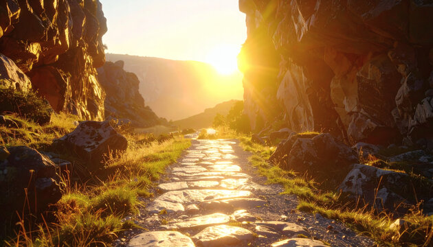 Stone path winding through rocky canyon landscape at golden hour with bright glowing sun rays shining in the distance