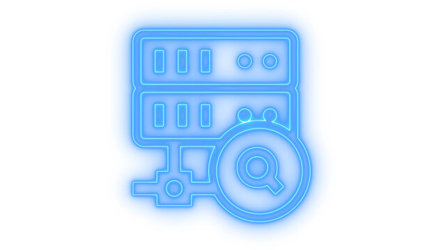 Glowing colorful neon icon of computer server database storage with a magnifying glass symbol for data search and hosting analysis isolated on transparent background