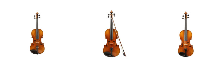Classical acoustic wooden violins and bows bundle, brown wooden string musical instruments isolated on white background transparent PNG for orchestra, music education, and symphony design concepts © Trump