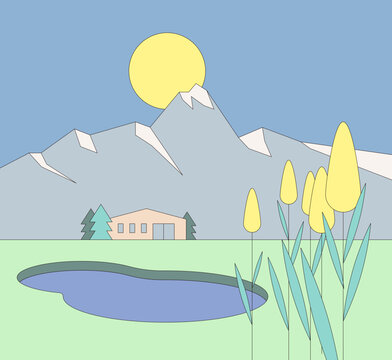 Mountain landscape with house and peaceful pond in nature