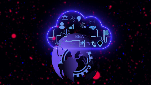 Digital globe with a glowing blue neon cloud containing the letters bba, surrounded by floating red and blue particles on a dark background, representing business administration and data systems