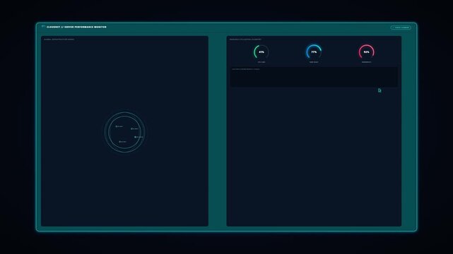 Futuristic Sci-Fi Digital Dashboard Featuring Server Performance Monitoring UI Elements with Real Time Data Analytics Circular Gauges and System Diagnostics on Dark Background for Technology Concept