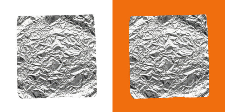 Square sheet of shiny crumpled silver aluminum foil texture