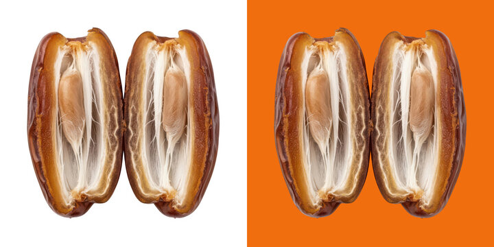 Two halves of a delicious sweet dried date fruit with its brown pit inside