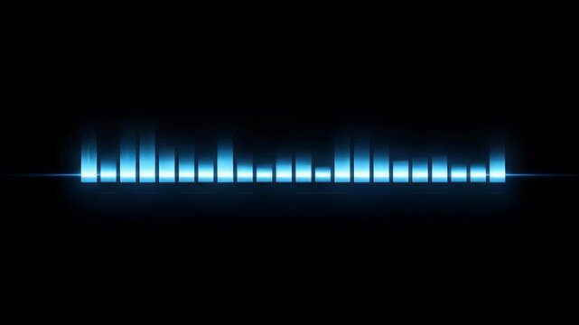 Glowing blue digital audio equalizer bars pulsing to music rhythm on a clean black background.