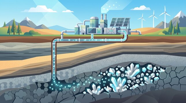 Futuristic Carbon Mineralization Technology, captured CO2 transformed into stable geological minerals for long-term carbon storage and climate mitigation.