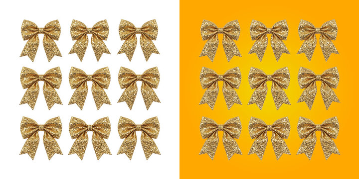 Set of eighteen shiny gold glitter decorative bows arranged in a grid pattern