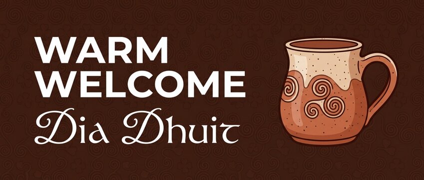 Irish welcome banner Dia Dhuit Celtic ceramic mug warm greeting for St Patricks Day and Gaelic culture celebration with triskele spiral pottery illustration and rustic brown background design banner