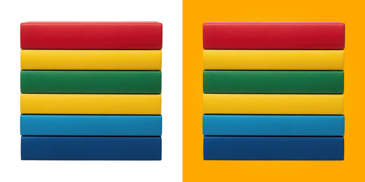 Stack of colorful blank hardback books with vibrant spines in a vertical row