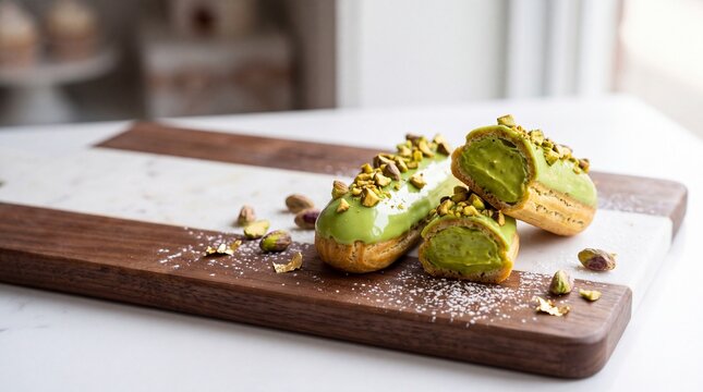 Gourmet pistachio eclairs with gold leaf on marble board