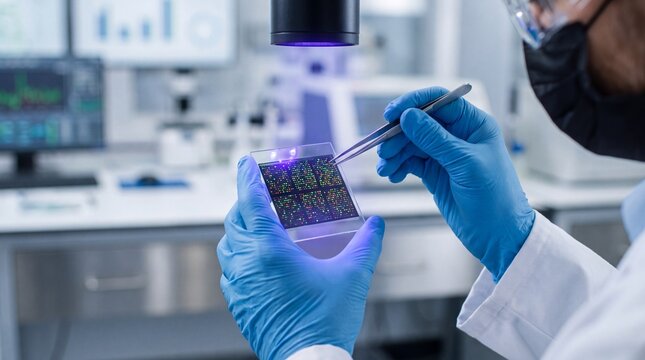 Scientist analyzing biochip microarray in laboratory with tweezers