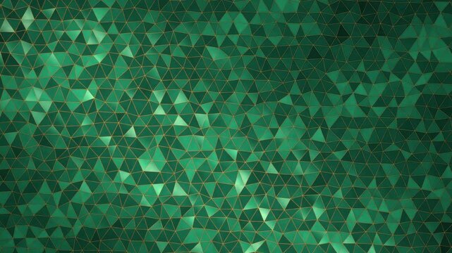 Emerald green triangle mosaic tiles with thin gold grout shimmering under passing waves of light, luxury geometric background loop