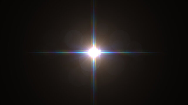 Bright white central lens flare sharp multicolored rainbow vertical horizontal cross rays soft circular bokeh disks varying opacity solid dark black background