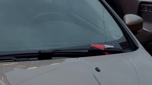Parking ticket tucked under windshield wiper on white car with rain droplets and reflective glass