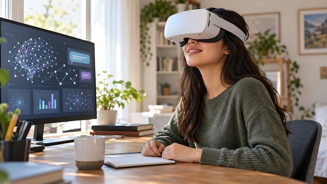 Smiling student wearing a VR headset experiencing AI-powered learning content at a home desk