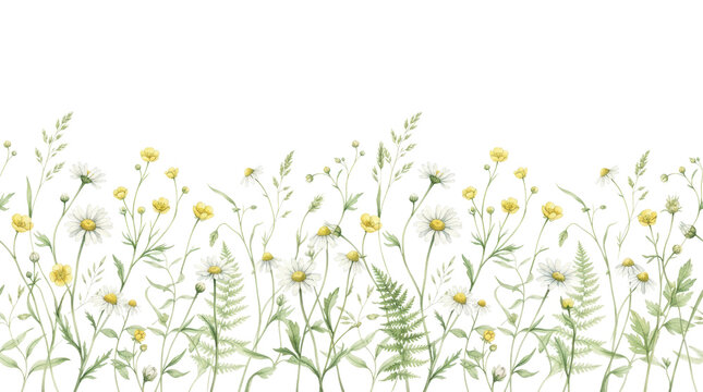 Watercolor spring wildflower meadow border with daisies, buttercups, ferns, and herbs on white background