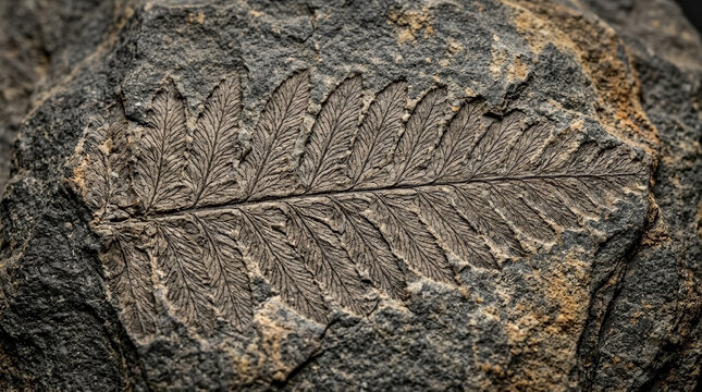Ancient fern fossil impression with clear leaf vein texture in sedimentary rock, useful for paleobotany research, natural history education, evolutionary biology study