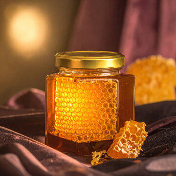 Honey jar with honeycomb and wax on dark fabric, warmly lit still life creating rich golden atmosphere and natural food presentation