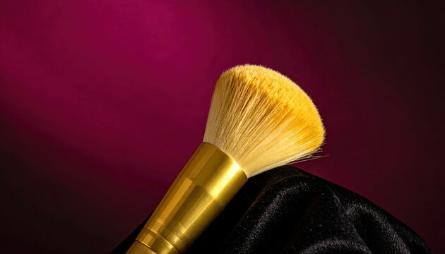 Makeup brush with golden handle and soft bristles on black fabric against magenta background