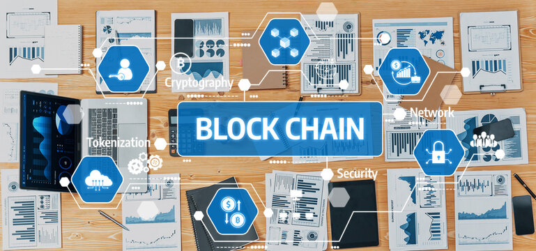 Explore a comprehensive view of blockchain technology featuring visual data, security parameters, and network components for digital transformation in finance. Amity