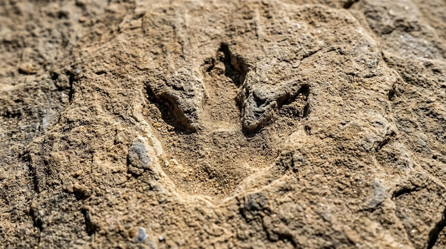 Dinosaur Trackway Trace Fossil Footprint in Sedimentary Rock Texture for Paleontology Research, Earth Science Education, Geological History, and Natural History Exhibits