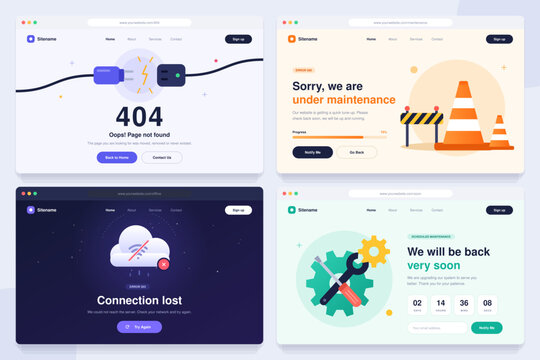 404 error page not found, under maintenance, connection lost and coming soon website page set in browser windows