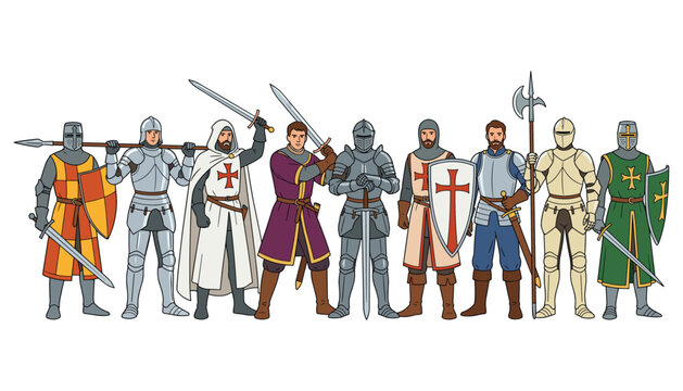 Medieval knights vector collection standing in armor holding swords shields spears halberd weapon including templar and historic warriors