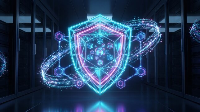 Futuristic decentralized identity shield protecting encrypted personal credentials with distributed blockchain security and advanced privacy technology