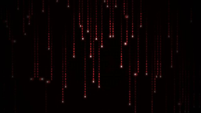 Red digital matrix rain falling in vertical streams of glowing light squares on a dark background for technology concepts