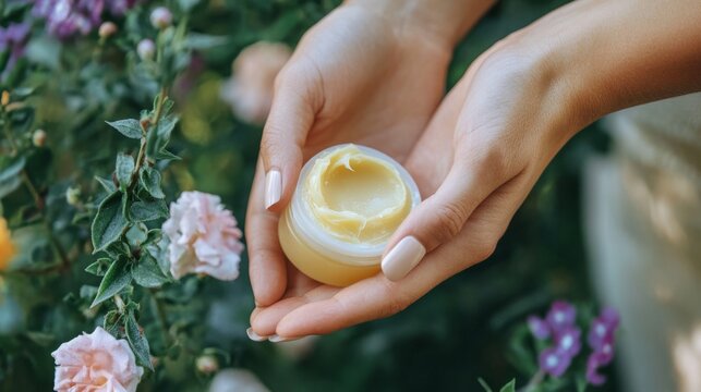 hands applying a homemade botanical balm to the forearm; natural skincare remedy, herbal ointment concept generative ai