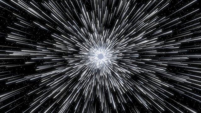 White starfield jump to lightspeed with thin star trails radiating on black space, abstract hyperspace travel background
