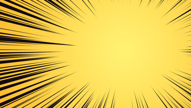 Pop art comic speed lines in black on bright yellow with off-center focus burst, cartoon action zoom background