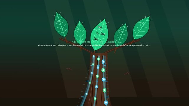Educational animation illustrating the process of glomalin carbon sequestration, showing how plants and mycorrhizal fungi exchange nutrients and create a subterranean carbon vault in the soil